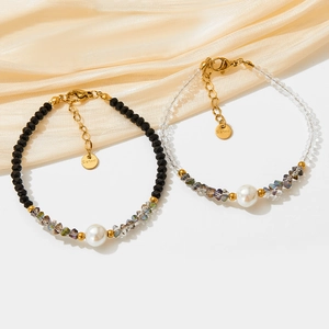Beaded Bracelet With Stainless Steel Faceted Crystal And Single Imitation Artificial Pearl Elegant Adjustable Jewelry For Women
