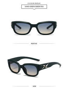 Detail view of square sand green sunglasses with gradient lenses and metal accents