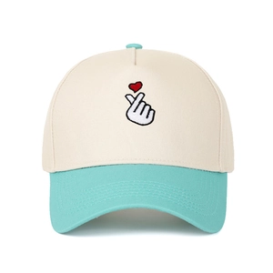 Off-white five-panel baseball cap with mint green brim and finger heart embroidery