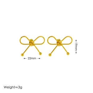 Minimalist gold bow stud earrings set with 22mm width measurements on white background