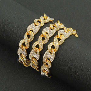 Iced-out gold hip hop Cuban link chain with pave rhinestones and number 8 links