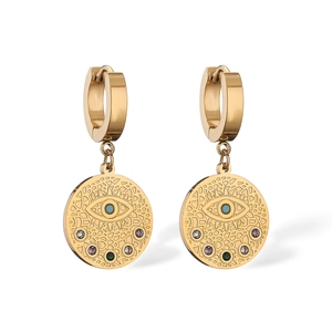Bohemian gold plated stainless steel hoop earrings with colorful evil eye charms