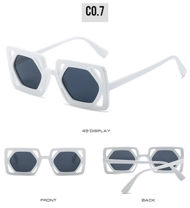 Three-view display of white square hollow sunglasses with dark grey lenses C0.7