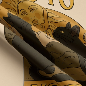 Close-up of thick twill fabric tapestry featuring a vintage sun and black cat illustration