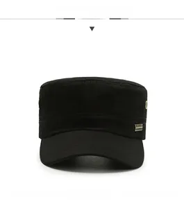 Front view of black cotton cadet cap featuring a side rectangular gold metal plate