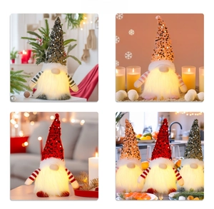 Close-up of LED glowing Christmas gnomes with sequined hats in cozy holiday scenes