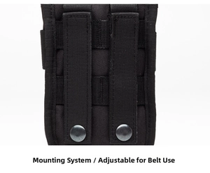 Detail of tactical pouch mounting system with adjustable straps and metal snaps
