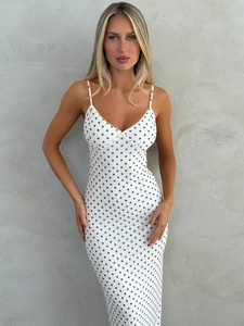 Elegant French style polka dot maxi dress with slim fit and deep V-neck for women