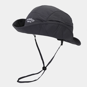 Detail of dark grey sun hat with newday BEGINS embroidery and adjustable wind rope