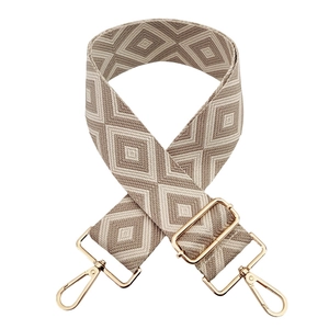 Adjustable beige and brown diamond pattern woven strap with gold metal swivel clasps