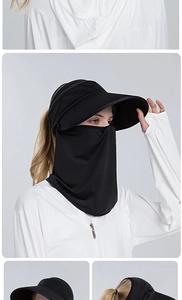Detail of black sun hat featuring breathable mesh fabric and integrated neck protection