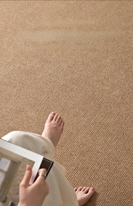 Close-up of sisal-style woven carpet texture with natural fibers and minimalist aesthetic