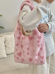 Pink plush tote bag with red heart patterns, large capacity faux fur shoulder bucket bag