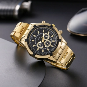 Heren chronograaf horloge van goudkleurig staal met zwarte wijzerplaat van Geneva