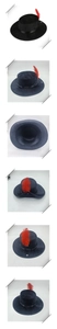 Multi-angle view of a black flat top felt hat featuring a vibrant red feather accent