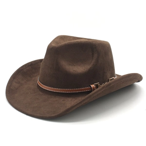 Western Cowboy Hat Vintage Suede Wide Brim Fedora With Leather Belt Metal Buckle Retro Style For Men Women