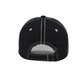 Detailed back view of black cotton baseball cap with white stitching and metal buckle