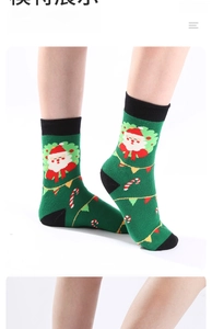 Detail of Christmas crew socks with Santa Claus and candy cane patterns in festive green
