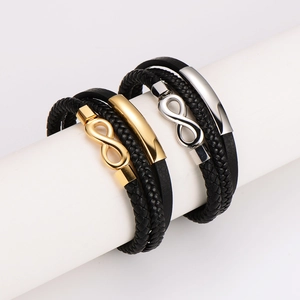 Bracelet multicouche en cuir tressé pour homme avec symbole infini doré sur support