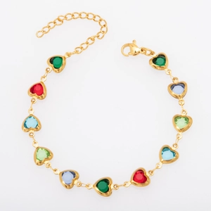 Gold heart bracelet with colorful crystal stones and adjustable lobster clasp closure