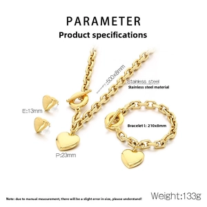 Size chart for stainless steel heart pendant necklace, bracelet, and stud earring set