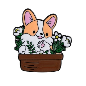 Cute cartoon Corgi puppy enamel pin in brown flower pot with white daisies and green leaves