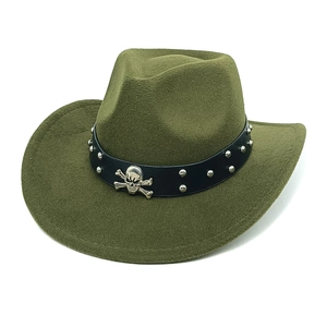 Chapeau de cowboy en laine vert foncé avec large bord et boucle tête de mort