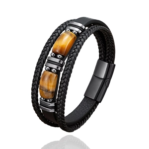 Tiger eye stone multilayer leather bracelet with stainless steel magnetic clasp for men