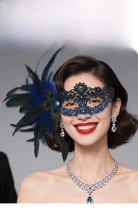 Close-up of black lace masquerade mask with blue feathers and sparkling rhinestone detail