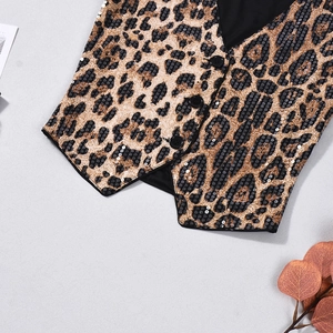 Close-up of leopard print sequin vest showing black buttons and shimmering fabric texture