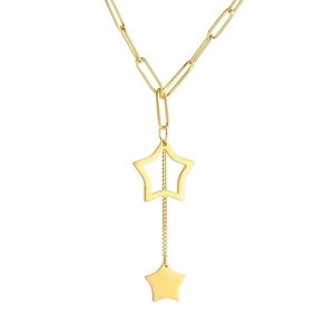 Chic gold-plated titanium star pendant necklace featuring paperclip chain on white background