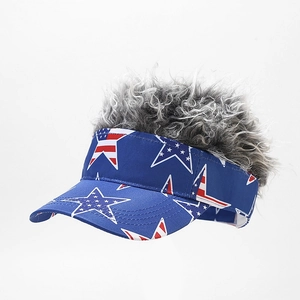 Detail of creative visor hat with US flag pattern and silver grey curly faux wig