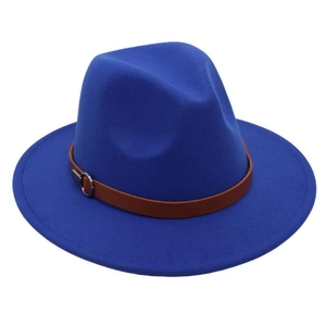 Detail of blue fedora hat with brown leather strap and decorative silver metal buckle