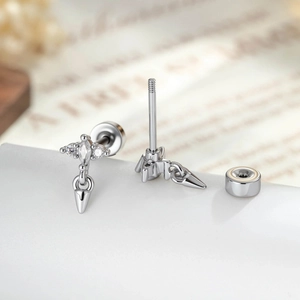 Silver cross stud earring with clear zircon inlay and screw back piercing design