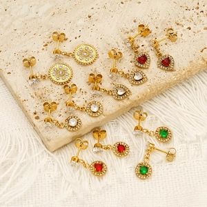 18K gold plated stainless steel earrings with colorful zircon heart and sun pendants