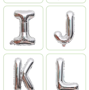 Detailed silver foil alphabet balloons showing letters I, J, K, and L with metallic finish