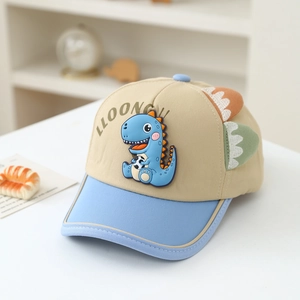Detail of baby baseball cap with khaki crown, blue brim and 3D dinosaur embroidery