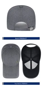Detailed views of gray baseball cap featuring metal C logo and adjustable buckle back
