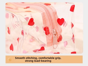 Détails des coutures soignées sur le sac cosmétique rose en PVC à cœurs