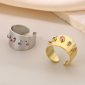 Colorful Zircon Wide Band Ring Stainless Steel Irregular Geometric Hammered Texture Open Adjustable Jewelry For Women