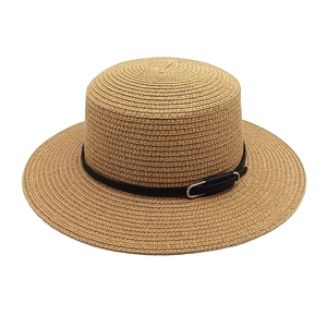 Chapeau De Paille Boater Femme Sommet Plat Large Bord Protection Solaire Respirant Vacances Plage Été Avec Boucle Ceinture Cuir