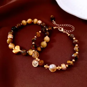 Bracciale Perline Pietra Occhio Di Tigre Vintage Pendente Cuore Moneta Rame Placcato Oro Zircone Gioielli Donna