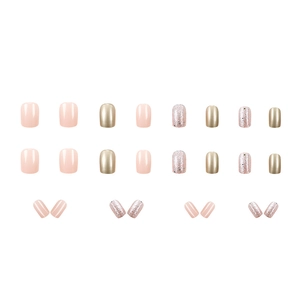24pcs short square press-on nails in champagne gold glitter and nude pink glossy finish