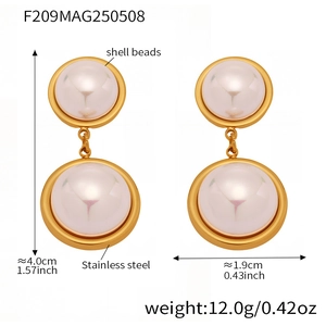 Detailed technical view of gold stainless steel earrings with shell beads and dimensions