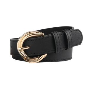 Women's black faux leather belt with a golden double crescent buckle for dresses and jeans