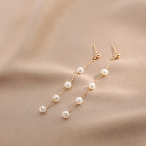 18K Gold Plated Copper Freshwater Pearl Long Tassel Drop Earrings For Women Silver Earring Post Minimalist Jewelry Gift