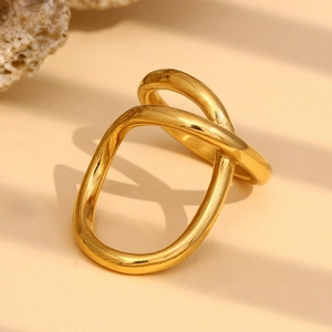 Macro detail of 18K gold plated double band ring with mirror polished finish and geometric design