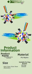 Detailed size chart for dog soccer ball toy with durable nylon tabs and PU material