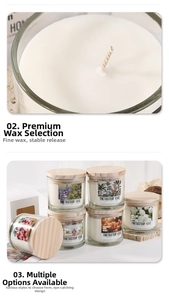 Macro detail of soy wax candle with wood lid and multi-scent floral glass collection