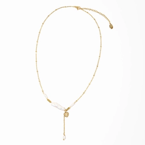 Baroque pearl necklace with golden heart pendant and white pearls on white background